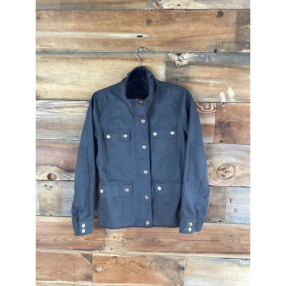 J Crew Jacket Olive Green  Relaxed Boyfriend Field Jacket Cotton Gold Snaps
